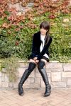  1girl asian bangs boots brown_hair cosplay high_heels kipi-san long_hair looking_at_viewer outdoors photo real_life shoes solo thigh-highs 