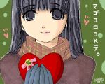  1girl artist_name black_eyes black_hair gift gloves hands_together harapeko_(fry-pan) heart holding holding_gift lipstick long_hair lowres makeup oekaki original scarf signature simple_background smile solo sweater translation_request valentine 