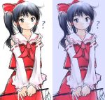  1girl ? black_eyes black_hair blush bow detached_sleeves female frills gohei grey_eyes hakurei_reimu holding kashmir long_hair perfect_cherry_blossom ponytail simple_background sketch touhou 