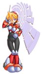  1girl alia alia_(rockman) antennae blonde_hair boots capcom covered_navel full_body knee_boots looking_at_viewer robot robot_girl rockman rockman_x short_hair simple_background skin_tight solo spandex standing thigh_gap walkie-talkie white_background 