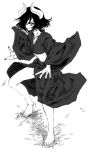  1girl barefoot demon_girl feet horns japanese_clothes kimono monochrome original satou_atsuki simple_background solo 