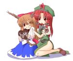  2girls blush brown_hair cappccino chains chocolate chocolate_heart eating english female food food_on_face hat heart hong_meiling ibuki_suika long_hair multiple_girls one_eye_closed open_mouth redhead sitting star touhou valentine 