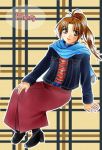  1girl blue_scarf boots brown_eyes brown_hair casual character_name dress gensou_suikoden gensou_suikoden_i gensou_suikoden_ii jacket lowres meg_(suikoden) nino plaid plaid_background scarf solo striped 