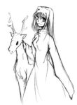  00s 1girl animal antlers aozaki_aoko cowboy_shot dress long_hair looking_at_viewer lowres monochrome petting reindeer reindeer_antlers simple_background solo standing tsukihime white_background 