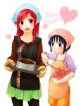  2girls :d apron blue_eyes blue_hair blush cake chocolate chocolate_making cooking food happy_valentine irieria multiple_girls open_mouth original oven_mitts p2!_let&#039;s_play_pingpong pantyhose pleated_skirt red_eyes redhead skirt sleeves_pushed_up smile valentine whisk 