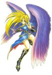  1girl 90s angel_wings black_wings blonde_hair boots breasts breath_of_fire breath_of_fire_ii bridal_gauntlets dress green_eyes knee_boots large_breasts legs long_hair long_legs nina_(breath_of_fire_ii) official_art side_slit sidelocks solo thighs white_background wings yoshikawa_tatsuya 