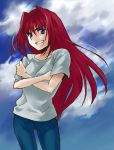  00s 1girl aozaki_aoko blue_eyes clouds crossed_arms hair_intakes long_hair lowres redhead shirt siki solo t-shirt tsukihime 
