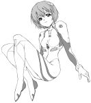  1girl ayanami_rei bangs bodysuit bracer breasts face from_side gloves hair_ornament high_heels knees_up looking_up monochrome neon_genesis_evangelion number pantyhose parted_lips pilot_suit plugsuit short_hair simple_background sitting small_breasts solo turtleneck yamaguchi_homupe 