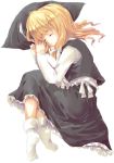  1girl blonde_hair closed_eyes female fetal_position footwear frills hat kirisame_marisa sleeping socks solo touhou witch_hat 