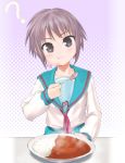  1girl :t ? curry food halftone halftone_background head_tilt nagato_yuki school_uniform serafuku short_hair solo spoon suzumiya_haruhi_no_yuuutsu uni 