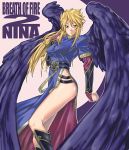  1girl angel_wings black_wings blonde_hair boots breasts breath_of_fire breath_of_fire_ii character_name dress green_eyes knee_boots legs long_hair long_legs mt1 nina_(breath_of_fire_ii) no_bra no_panties side_slit solo taut_clothes thighs wings 