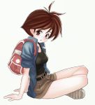  1girl backpack bag brown_eyes brown_hair iwai_ryou legs long_legs randoseru short_hair shorts sitting sleeves_rolled_up solo thighs umihara_kawase umihara_kawase_(character) white_background 