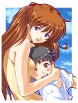  1boy 1girl :d ;d between_breasts black_hair blue_eyes blush brown_eyes brown_hair couple dress half_updo head_between_breasts hetero hug ikari_shinji long_hair looking_at_another looking_at_viewer neon_genesis_evangelion neon_genesis_evangelion_(manga) one_eye_closed open_mouth smile souryuu_asuka_langley sundress suzuno_kouya 