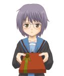  1girl brown_eyes gift glasses holding holding_gift lowres nagato_yuki purple_hair short_hair solo suzumiya_haruhi_no_yuuutsu valentine 