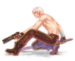  1boy black_pants black_shoes boots capcom dante_(devil_may_cry) devil_may_cry dual_wielding ebony_&amp;_ivory fingerless_gloves full_body gloves gun handgun male_focus muscle nipples pants pistol shirtless shoes short_hair solo squatting sword topless weapon white_background white_hair 