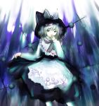  1girl apron blonde_hair blurry bow capelet female frills hand_to_own_mouth hat kashmir kirisame_marisa long_sleeves looking_at_viewer perfect_cherry_blossom scarf skirt_hold solo touhou witch_hat yellow_eyes 