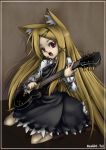  1girl aize animal_ears blonde_hair cat_ears gradient gradient_background guitar instrument microphone red_eyes solo 