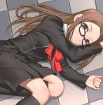  1girl atlus bow fushimi_chihiro glasses lying persona persona_3 plastic_girl ribbon skirt solo uni 
