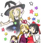  00s 4girls black_hair blonde_hair brown_hair closed_eyes crossover hakurei_reimu hat kashmir katase_shima kirisame_marisa long_hair lowres multiple_girls short_hair smile star touhou twintails uchuu_no_stellvia witch witch_hat yakumo_yukari 