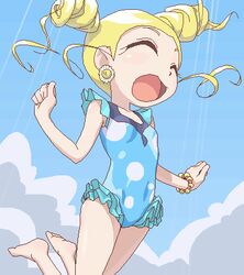  1girl barefoot blonde_hair bracelet bubble casual_one-piece_swimsuit closed_eyes drill_hair earrings feet frilled_swimsuit frills goutokuji_miyako happy jewelry jumping light_rays lowres oekaki one-piece_swimsuit open_mouth powerpuff_girls powerpuff_girls_z rolling_bubbles solo sunbeam sunlight swimsuit twintails 