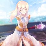  1girl ^_^ belt belt_buckle blonde_hair blue_sky blush buckle closed_eyes closed_mouth cowboy_shot crystal day dress fantasy_earth_zero gem long_hair long_sleeves pink_hair ponytail sky smile solo sorcerer white_dress yukitarou_(awamori) 