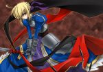  1girl armor armored_dress blonde_hair blue_dress blue_eyes braid cowboy_shot dress fate/stay_night fate_(series) faulds food fruit gauntlets green_eyes hair_bun holding holding_fruit looking_at_viewer saber short_hair solo standing sword unsheathed weapon 