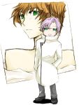  2boys :d androgynous aqua_eyes brown_hair coat code_geass glasses green_eyes kururugi_suzaku lloyd_asplund loafers long_sleeves looking_at_viewer male_focus multiple_boys open_mouth orange_hair pants shoes short_hair silver_hair simple_background smile standing turtleneck white_background winter_clothes winter_coat 