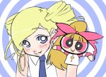 1girl blonde_hair blossom_(ppg) blue_eyes blue_necktie bubble collared_shirt drill_hair goutokuji_miyako hand_puppet looking_at_viewer mask necktie ponytail powerpuff_girls powerpuff_girls_z puppet rolling_bubbles shirt sleeveless sleeveless_shirt solo twin_drills twintails upper_body white_shirt 