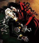  2boys abel_nightroad alucard_(hellsing) bite_mark black_eyes black_hair blood blood_on_face coat crossover formal gloves hellsing indoors injury insignia long_hair looking_at_viewer male_focus multiple_boys necktie overcoat red_coat red_eyes suit tongue tongue_out trinity_blood vampire white_gloves white_hair yaoi 