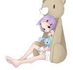  1girl animal_ears cat_ears catysummer kimura_akiyoshi playing_games purple_hair solo stuffed_animal stuffed_toy teddy_bear video_game 