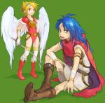  1boy 1girl angel_wings armor blonde_hair blue_hair boots breath_of_fire breath_of_fire_i green_background green_eyes knee_boots nina_(breath_of_fire_i) ryuu_(breath_of_fire_i) sword thigh-highs weapon white_wings wings 