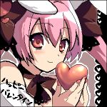  1girl animal_ears bare_shoulders blush detached_collar di_gi_charat eyebrows eyebrows_visible_through_hair hamamo heart holding long_hair looking_at_viewer lowres nail_polish oekaki pink_eyes pink_hair pink_nails red_eyes smile solo translation_request twintails upper_body usada_hikaru valentine 