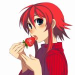  1girl blue_eyes blush food fruit holding holding_fruit kusanagi_tonbo licking original redhead solo strawberry 