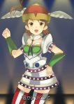  1girl :d brown_eyes brown_hair clenched_hand company_connection cosmic_&amp;_funny_(idolmaster) cosplay cowboy_shot dancing futami_ami gradient gradient_background hair_bobbles hair_ornament hand_on_hip hat idolmaster mizuki_makoto namco neck_ribbon one_side_up open_mouth raised_fist ribbon side_ponytail skirt smile solo subtitled thigh-highs valkyrie_no_densetsu 