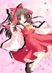  1girl bow brown_eyes brown_hair detached_sleeves female frills full_body hakurei_reimu long_hair looking_at_viewer mary_janes necktie petals ribbon shirogane_hina shoes sidelocks skirt smile solo touhou 