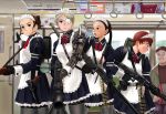  1boy 4girls aiming_at_viewer ammunition_belt apron battle_rifle combat_maid cyborg eyepatch fg42 german glasses ground_vehicle gun handgun holding holding_gun holding_weapon holster luger luger_p08 machine_gun maid maid_apron mg42 mimura_kaoru multiple_girls nazi pistol prosthesis prosthetic_arm public rifle short_hair skirt thigh-highs train train_interior weapon 