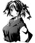  1girl blush closed_mouth coin female hair_bobbles hair_ornament jewelry looking_at_viewer monochrome onozuka_komachi pendant simple_background solo touhou twintails two_side_up upper_body yuuki_eishi 