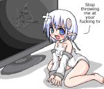  1girl 4chan barefoot blue_eyes blush detached_sleeves duplicate elf english feet game_console legs lowres meme monitor nintendo oekaki os-tan personification pointy_ears profanity sad solo tears television truth what white_hair wii wii-tan 