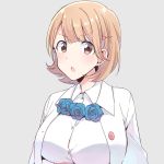  &gt;:o 1girl :o breasts brown_eyes brown_hair flower grey_background hair_ornament hairclip heart_hair_ornament large_breasts miso_(mimimiso) narusawa_ryouka occultic;nine parted_lips short_hair simple_background solo upper_body 