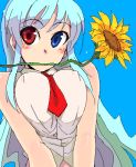  1girl breast_squeeze breasts erect_nipples flower heterochromia kusanagi_tonbo mouth_hold oekaki original simple_background solo sunflower 