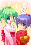  2girls :d alternate_hairstyle black_lemon-chan blue_eyes blue_hair fang green_hair hair_ornament hair_up hairclip happy japanese_clothes kimono looking_back melon-chan melonbooks multiple_girls new_year open_mouth ponytail purple_hair short_hair smile violet_eyes 