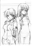  2girls china_dress chinese_clothes dress glasses kusanagi_tonbo monochrome multiple_girls original sketch 