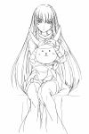  1girl armor c.c. cat closed_mouth code_geass doll helmet japanese_armor kabuto lineart long_hair looking_at_viewer matsukura_nemu monochrome robe simple_background solo stuffed_animal stuffed_toy tsurime turtleneck very_long_hair white_background 