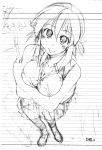  1girl breast_squeeze breasts kusanagi_tonbo monochrome original sketch solo 