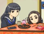  2girls aliasing black_hair brown_hair food indoors kako-hime kotatsu looking_at_viewer lowres mako-hime multiple_girls oekaki pocky ponytail princess_kako princess_mako real_life real_life_insert school_uniform serafuku side_ponytail table 