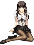  1girl black_hair bow breasts brown_eyes brown_hair camisole cleavage floral_print hana hana_(den-o) kamen_rider kamen_rider_den-o kamen_rider_den-o_(series) legs long_hair long_legs miniskirt pantyhose patterned_legwear print_legwear skirt solo sweater tanaka_shoutarou 