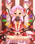  1girl brown_background checkered checkered_background chocolate chocolate_heart female flandre_scarlet heart mouth_hold similar solo tilm touhou valentine wings 