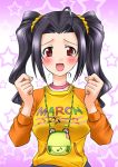  1girl ahoge black_hair blush cosplay idolmaster miura_azusa parody raglan_sleeves red_eyes shirt solo takatsuki_yayoi takatsuki_yayoi_(cosplay) twintails 