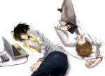  2boys bags_under_eyes computer cuffs death_note handcuffs l_(death_note) lying male_focus multiple_boys yagami_light 