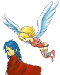  1boy 1girl angel_wings armor blonde_hair blue_eyes blue_hair breath_of_fire breath_of_fire_i chibi couple green_eyes hetero nina_(breath_of_fire_i) ryuu_(breath_of_fire_i) thigh-highs white_wings wings 